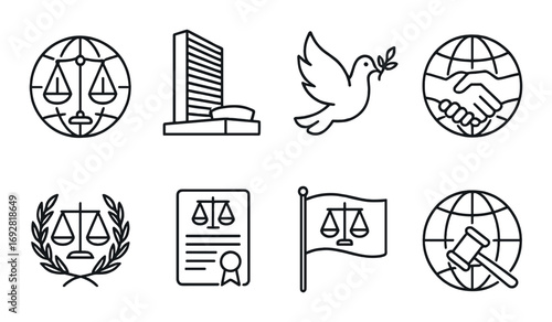International justice and peace symbols in icon set with globe, scales, building, dove, handshake