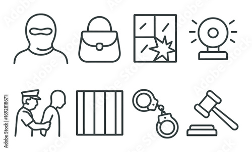 Crime and justice icons: burglary, arrest, security, and legal symbols in vector set
