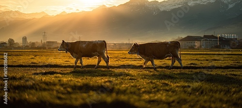 Two cows graze in a field at golden hour, with mountains in the background