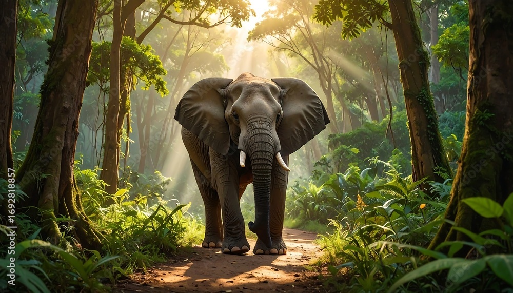 Fototapeta premium A majestic elephant stands in a sun-drenched forest clearing. Rays of light pierce the canopy, illuminating the path before it.