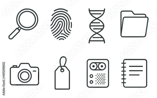 Icons depicting magnifying glass, fingerprint, dna, folder, camera, tag, recorder, notebook
