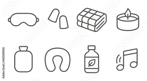 Sleep essentials: eye mask, ear plugs, blanket, candle, hot water bottle, neck pillow, herbal drink, music notes
