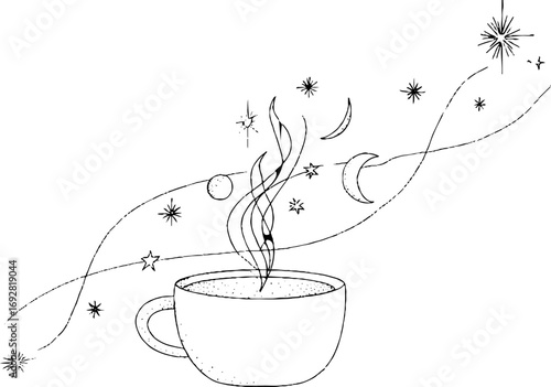 Minimalist line art of mystical cauldron with stars and moon elements for wall art or decor