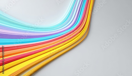 Abstract, colorful ribbons curve across a light gray background