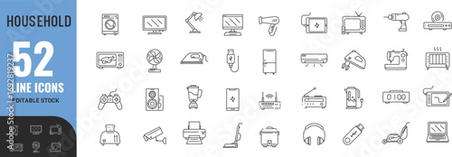 Household editable icon set. Room, appliance, living, bed, chamber, bathroom, kitchen, sofa  . vector illustration