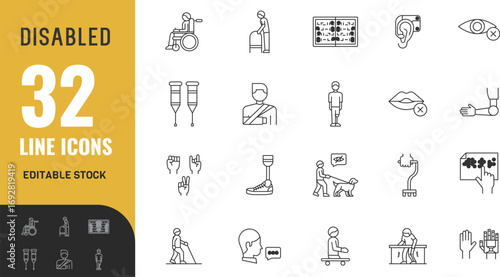 Disable editable icon set. older,assistance,caregiver,insurance,disabled,hospital,medicine,nursing . vector illustration