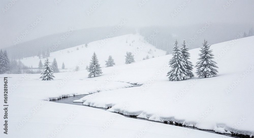 Obraz premium Snowy Landscape with Stream and Pine Trees