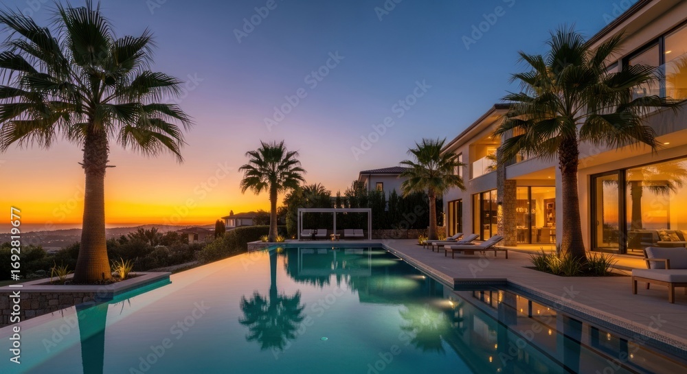 Fototapeta premium Luxurious villa with pool at sunset