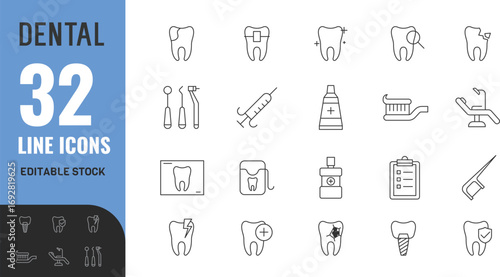 Dental  editable icon set. Braces, dentist, health, care, medicine, orthodontist, mouth, veneer, x-ray, toothbrush . vector illustration