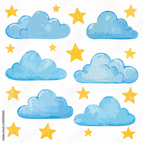 Collection of crayon drawn blue clouds and yellow cute stars in kid's style. Pencil drawings childish icons isolated on white.
