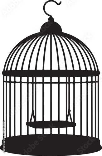 Vintage ornate birdcage with swing inside a black silhouette isolated on white background