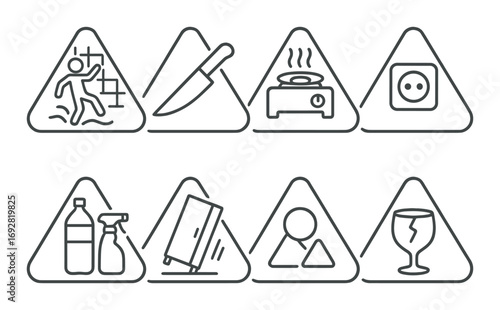 Safety symbols: slippery floor, knife, stove, outlet, chemicals, falling object, temperature, fragile glass