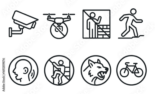 Surveillance and security icons featuring cameras, drones, and warning signs