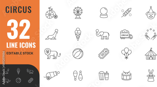 Circus editable icon set. Kayak, zoo, bowling, billiard, circus, drawing, hike, dj, striptease  . vector illustration