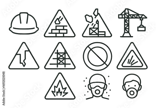 Industrial safety icons set featuring warning and hazard symbols