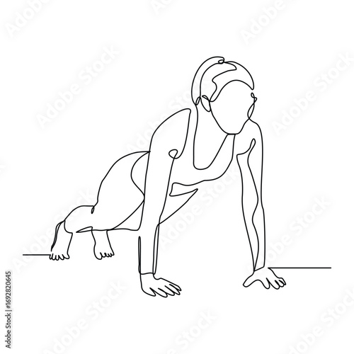 Continuous line drawing of sporty woman push up work out. Single line art of gym fitness and healthy life style. Vector illustration