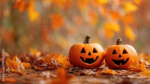 Two carved pumpkins with smiling faces sit amongst fallen autumn leaves