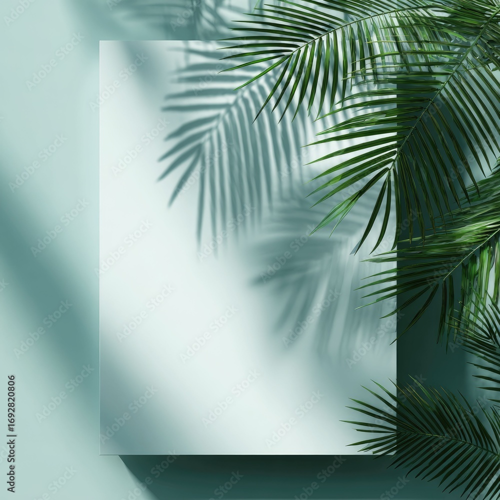 Fototapeta premium Diagonal palm leaf shadow across blank backdrop for poster design