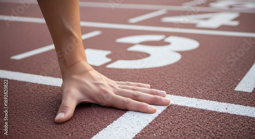 A close-up shot of a runner's hand resting on a track lane, poised for the start of a race.