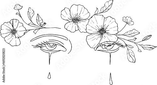 Minimalist line art illustration of a face adorned with flowers for aesthetic design