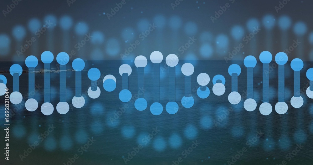 Fototapeta premium Glowing digital DNA helix pattern floating on teal water surface, with ambient light particles