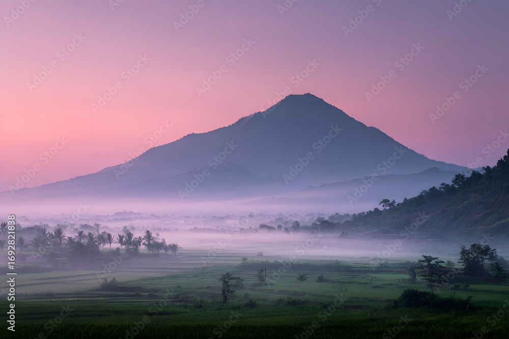 Fototapeta premium Tranquil valley with lush rice fields, mist rising through the trees, and a large mountain in the background at sunrise. 