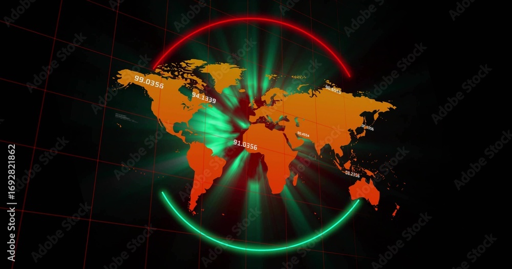 Fototapeta premium Displaying world map on dashboard, with neon arcs radial light beams numeric labels and grid lines