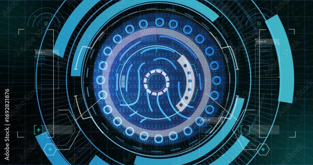 Obraz premium Displaying central biometric fingerprint icon rotating on virtual interface, with binary code rings