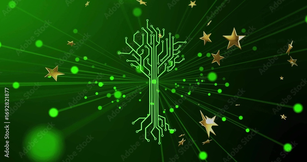 Fototapeta premium Radiating green circuit-tree shape glowing in virtual environment, with gold stars and glowing orbs