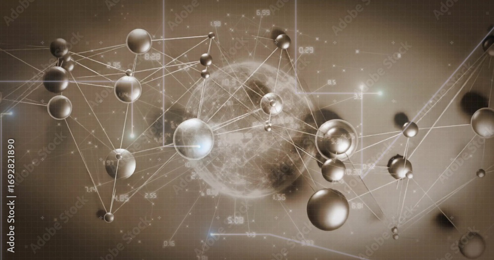 Fototapeta premium Linking spheres and lines around core sphere into data network in space, with numeric readouts