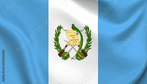 Guatemala national flag with vertical sky blue stripes flanking central white band, featuring emblem with quetzal bird, parchment scroll dated “15 de septiembre de 1821,” crossed rifles and swords, an
