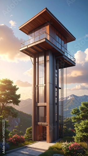 Wallpaper Mural Modern tower house overlooking mountains Torontodigital.ca