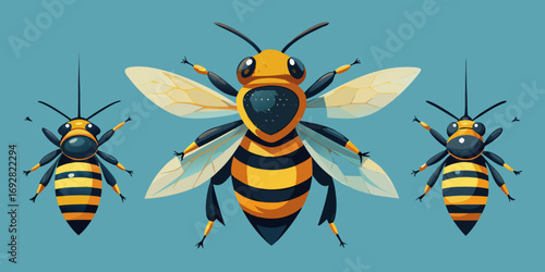 A cute, happy honeybee with a yellow and black striped body is flying over a cartoon flower, isolated on a white background