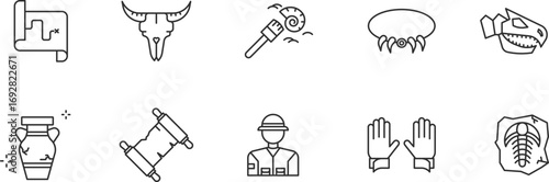 Fossil Item line Icon Set .  Ancient, dinosaur, bone, skeleton, prehistoric, museum, archaeology,  . Vector Illustration	
