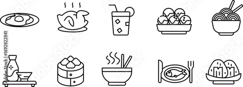  Japanese Food Item line Icon Setyakitori, tonkatsu, teriyaki, miso, soup, wasabi, ginger, chopsticks, bowl, plate  . Vector Illustration	

