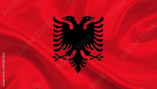 Albania national flag with red background and central black double-headed eagle, symbolizing bravery, strength, sovereignty, and historical legacy linked to Byzantine heritage and Skanderbeg.