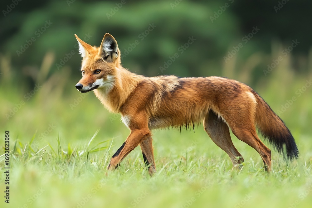 Obraz premium Portrait of a maned wolf walking in a field of green grass wildlife photography animal nature outdoor view