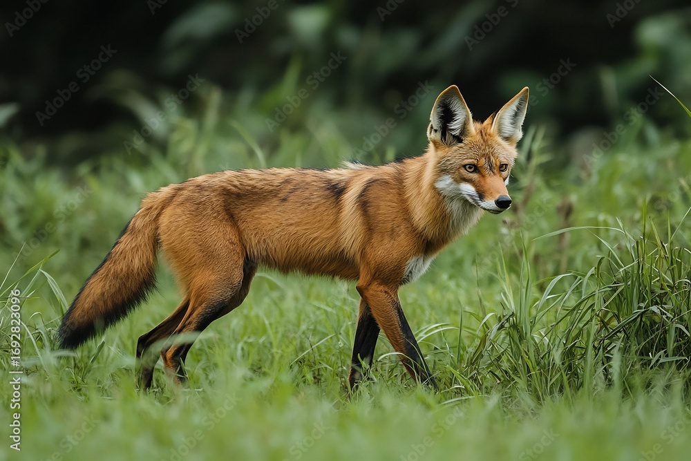 Obraz premium Red fox vulpes vulpes wildlife animal portrait in green grass field nature photography image stock photo