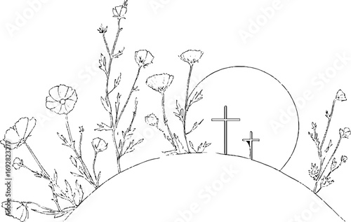 Minimalist line art of graveyard with wildflowers and crosses - aesthetic design for memorial themes