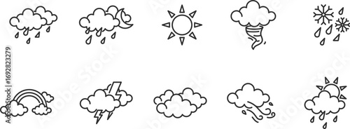 Forecast web Item line Icon Set . Climate change, thermometer, anemometer, hygrometer, pressure, humidity, lightning, cool . Vector Illustration	
