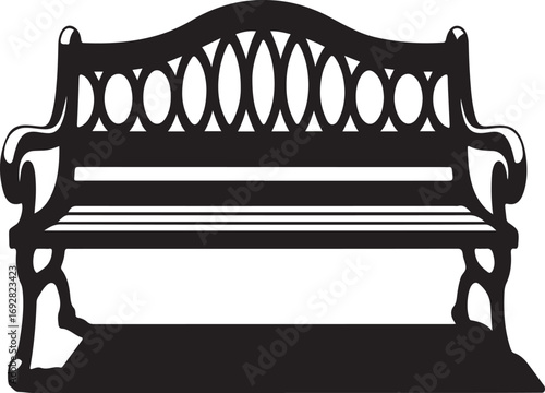 Ornate black silhouette of a vintage park bench with decorative scrollwork isolated on white background