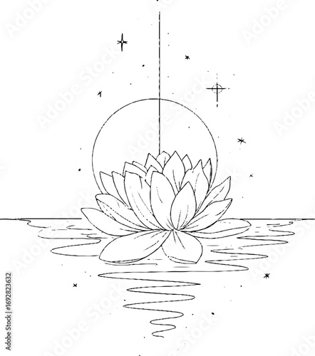 Minimalist lotus flower line art with reflections and celestial elements for wall art or tattoo design