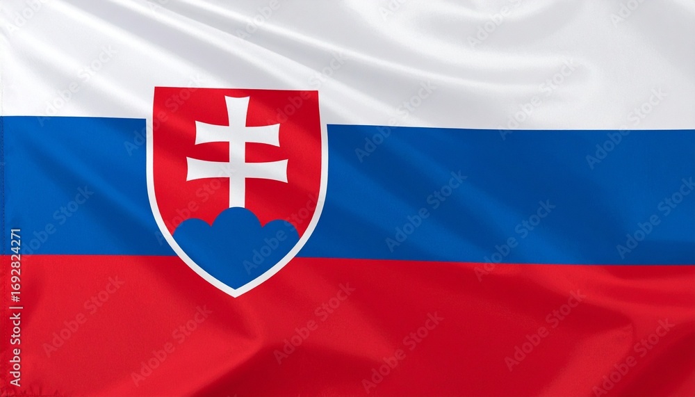 Obraz premium Slovakia national flag with horizontal white, blue, and red stripes and left-side coat of arms featuring white double cross on three blue hills within red shield, symbolizing Christianity and regional