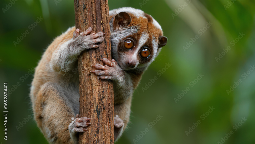 Obraz premium A Gentle Sunda Slow Loris Clinging to a Branch A Vulnerable Primate's Grip on Survival in the Rainforest A Close Up of an Arboreal Creature with Large Eyes