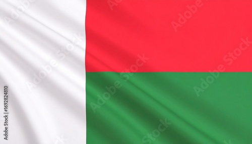 Madagascar national flag with vertical white band and horizontal red and green stripes, symbolizing purity, independence, and historical struggle.