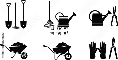 Black silhouette gardening tools icons including shovel, rake, watering can, wheelbarrow, pruning shears, gloves, garden equipment, vector illustration, isolated on white background