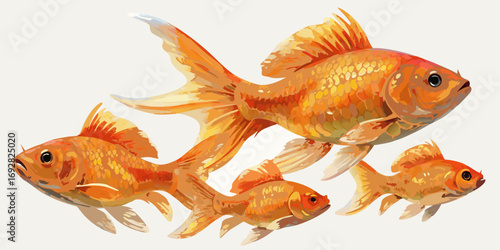 A solitary golden goldfish with vibrant orange fins swimming in clear water against a white background