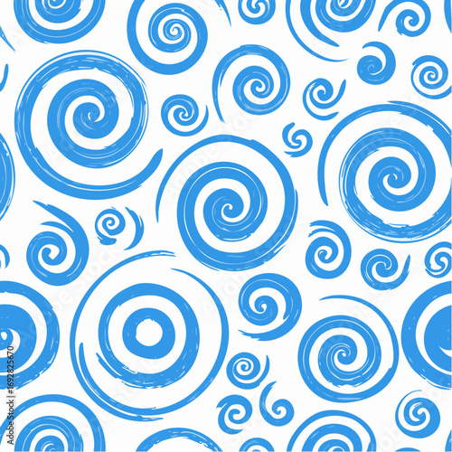 Blue seamless pattern with bold brush drawn spirals, swirls and thick doodle lines.