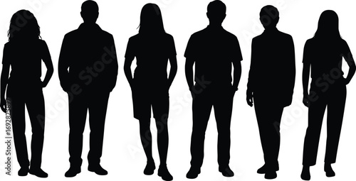 Silhouettes of diverse standing people, vector illustration set, black human figures, casual and semi-formal poses, fashion concept, presentation design elements
