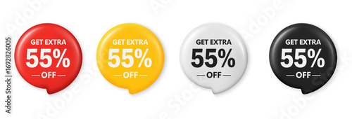 Get extra 55 percent off sale. Save 55 percent. 3D tag promotion design for shopping, marketing, advertisement, banner and web. Red, yellow, white, and black discount tags. Vector illustration.